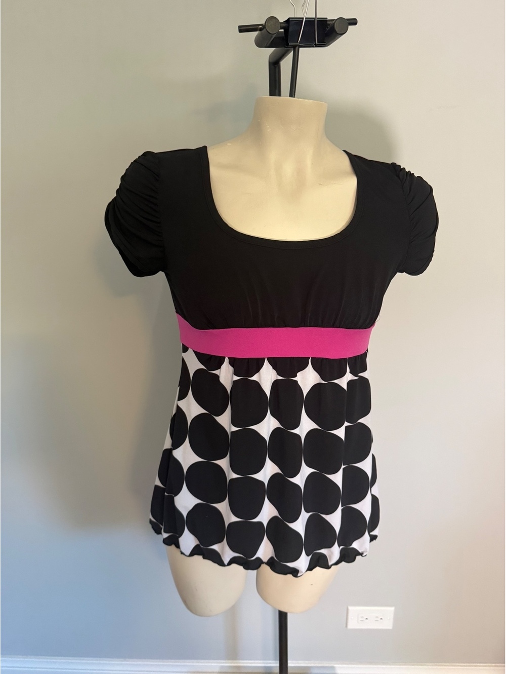 Volume One Juniors Black and White Polka Dot Top with Pink Waistband